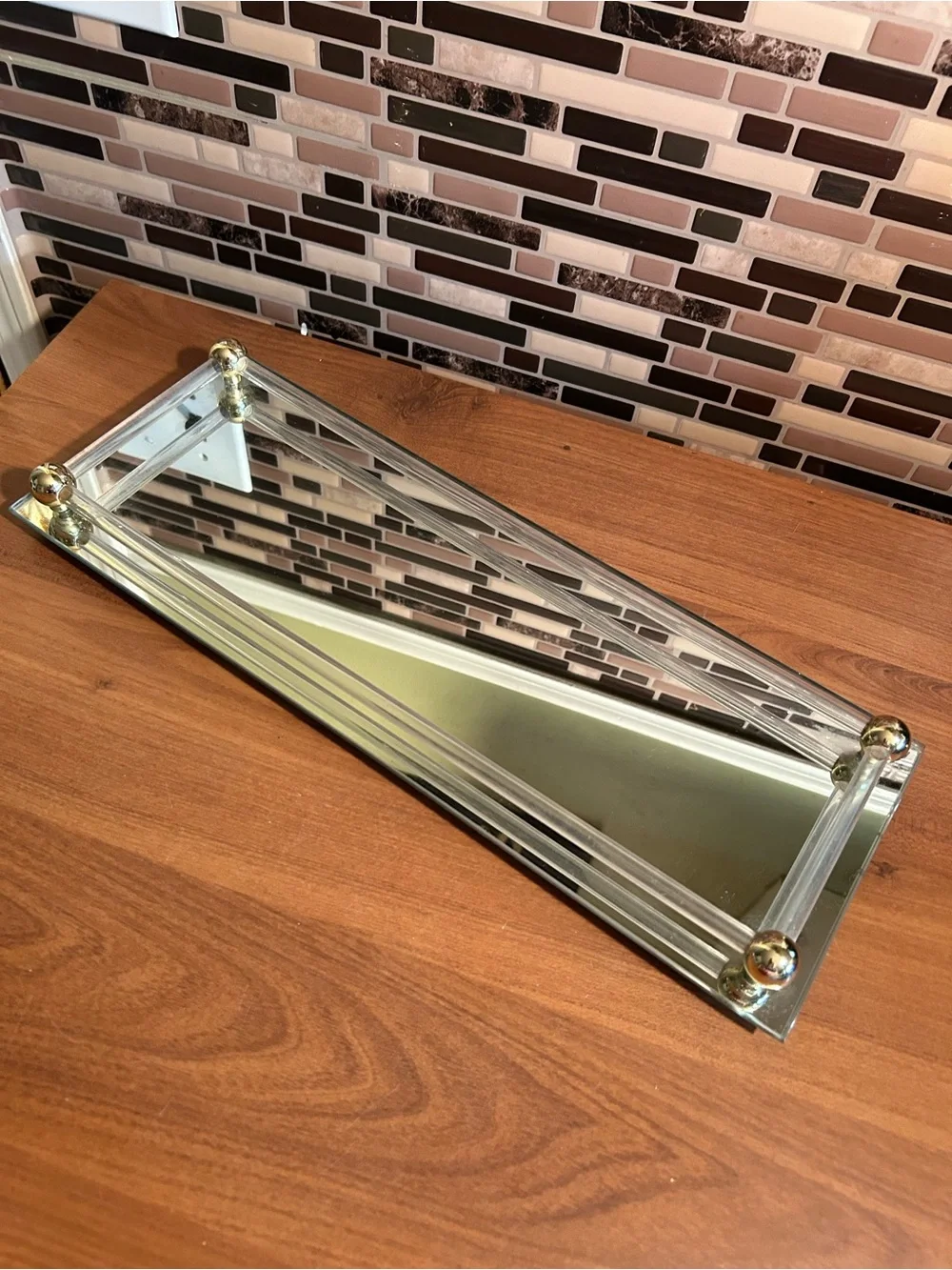 Vintage Glass and Mirror Bathroom Vanity Tray with Gold Accents - Clear